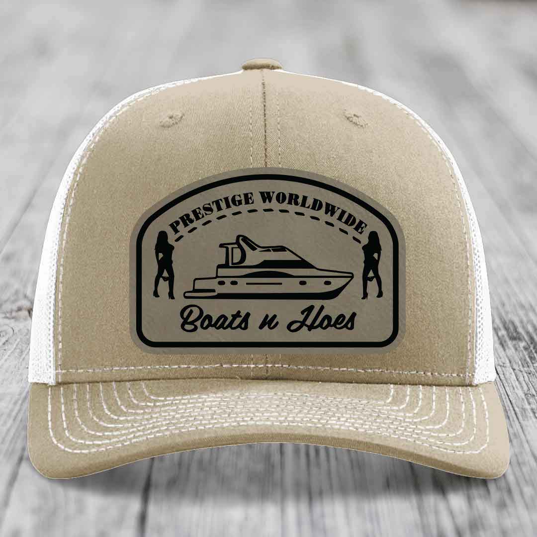 Prestige Worldwide, Boats and Hoes - Leather Patch Hat - Light Brown to Black Patch - Richardson 112 Snapback Trucker Hat