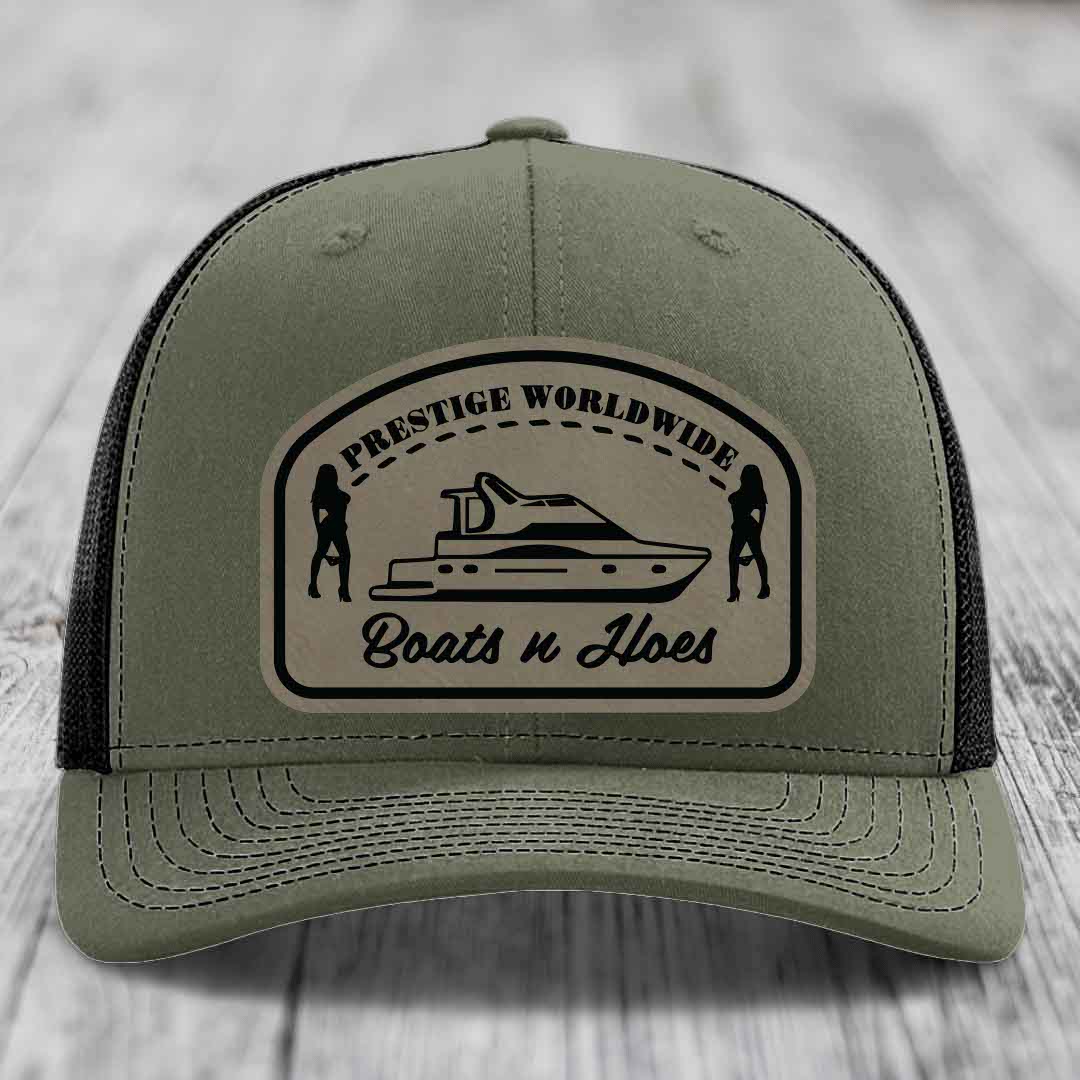 Prestige Worldwide, Boats and Hoes - Leather Patch Hat - Light Brown to Black Patch - Richardson 112 Snapback Trucker Hat