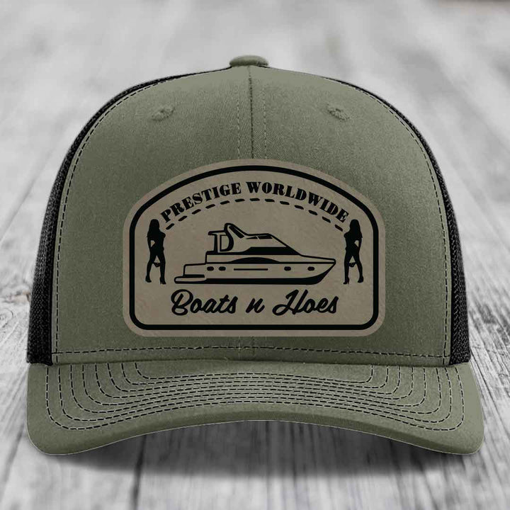 Prestige Worldwide, Boats and Hoes - Leather Patch Hat - Light Brown to Black Patch - Richardson 112 Snapback Trucker Hat
