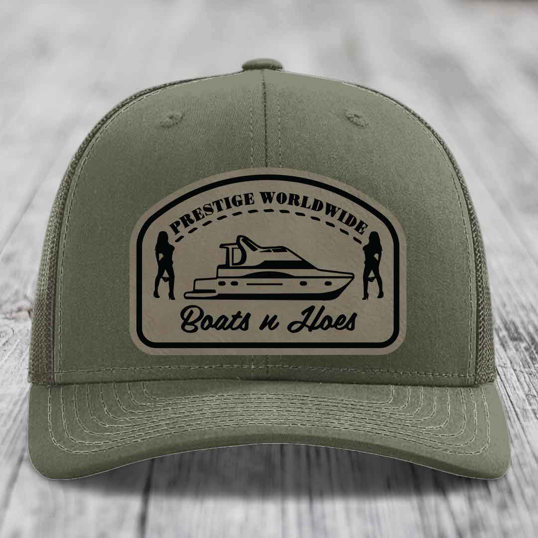 Prestige Worldwide, Boats and Hoes - Leather Patch Hat - Light Brown to Black Patch - Richardson 112 Snapback Trucker Hat