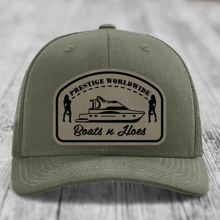 Prestige Worldwide, Boats and Hoes - Leather Patch Hat - Light Brown to Black Patch - Richardson 112 Snapback Trucker Hat