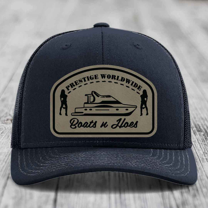Prestige Worldwide, Boats and Hoes - Leather Patch Hat - Light Brown to Black Patch - Richardson 112 Snapback Trucker Hat