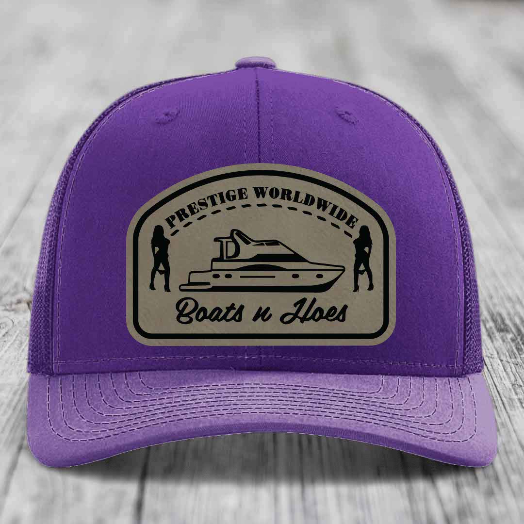 Prestige Worldwide, Boats and Hoes - Leather Patch Hat - Light Brown to Black Patch - Richardson 112 Snapback Trucker Hat