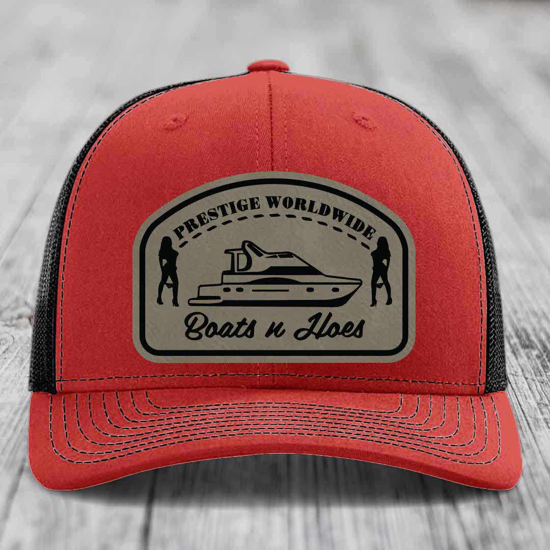 Prestige Worldwide, Boats and Hoes - Leather Patch Hat - Light Brown to Black Patch - Richardson 112 Snapback Trucker Hat