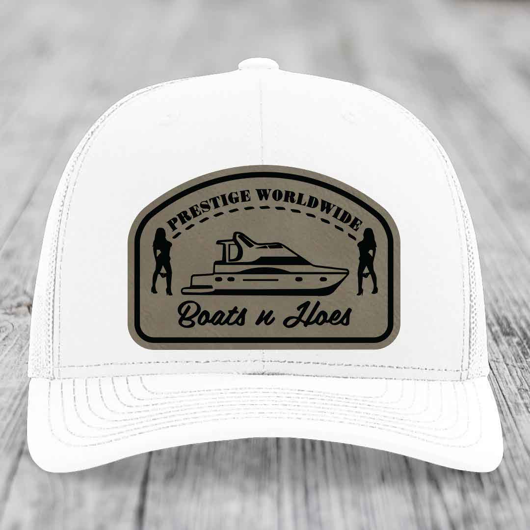 Prestige Worldwide, Boats and Hoes - Leather Patch Hat - Light Brown to Black Patch - Richardson 112 Snapback Trucker Hat