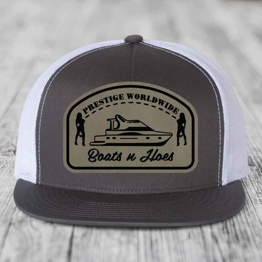 Prestige Worldwide, Boats and Hoes - Leather Patch Hat - Light Brown to Black Patch - Yupoong 6006 Snapback Flatbill Hat