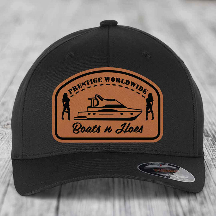 Prestige Worldwide, Boats and Hoes - Leather Patch Hat - Rawhide to Black Patch - Flexfit 6277 Fitted Hat