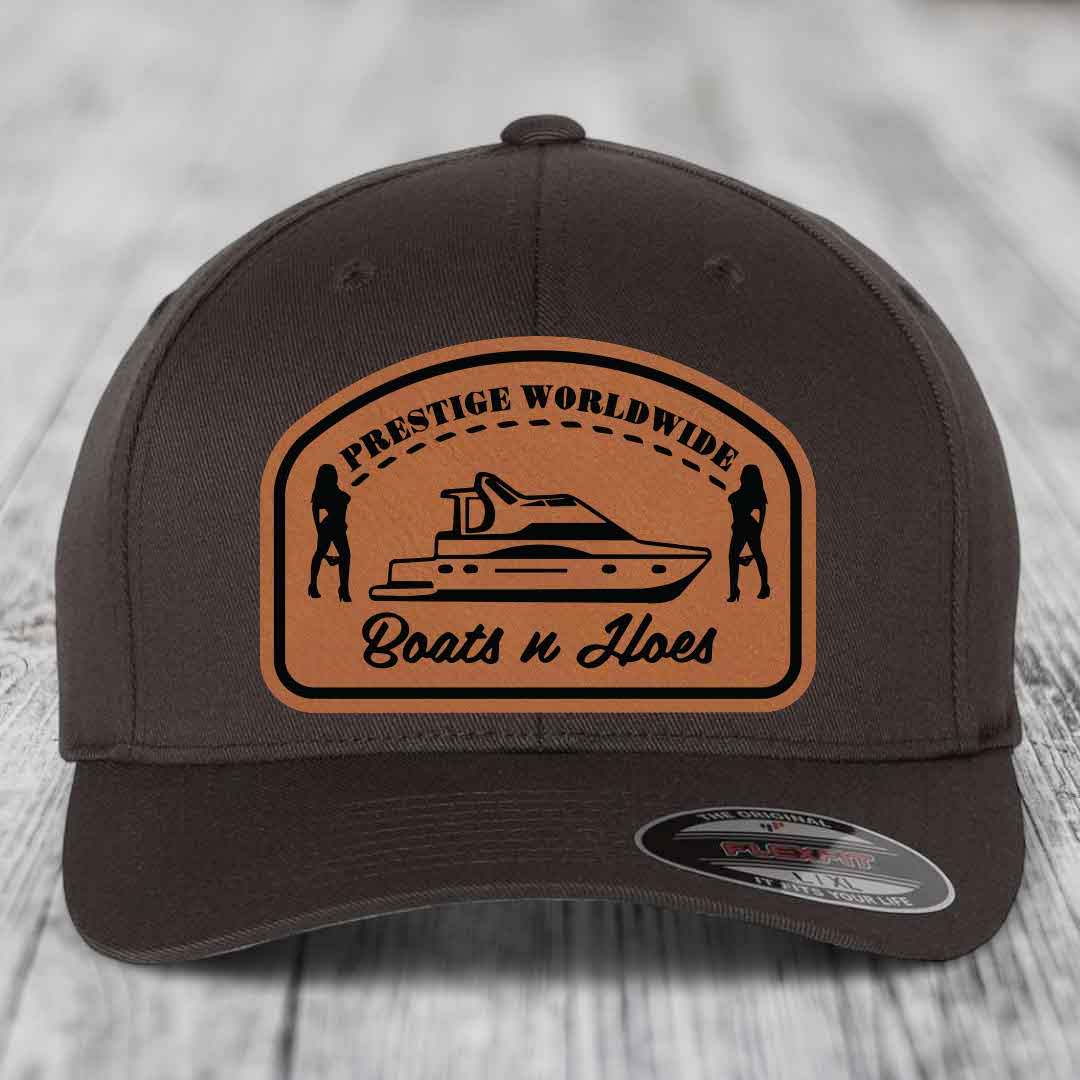 Prestige Worldwide, Boats and Hoes - Leather Patch Hat - Rawhide to Black Patch - Flexfit 6277 Fitted Hat