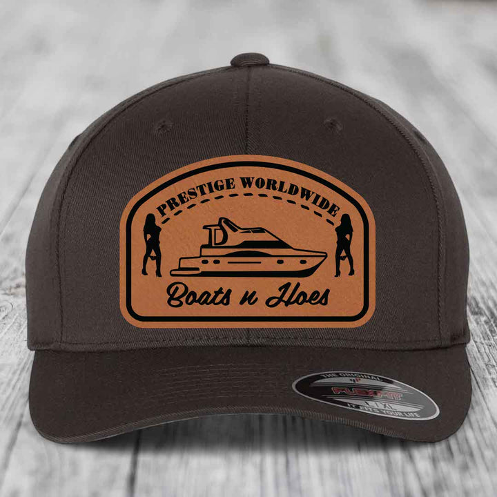 Prestige Worldwide, Boats and Hoes - Leather Patch Hat - Rawhide to Black Patch - Flexfit 6277 Fitted Hat