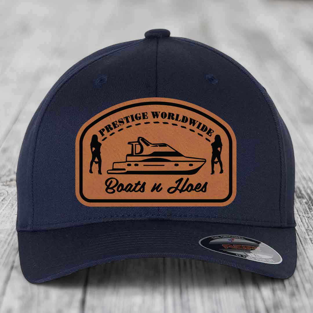 Prestige Worldwide, Boats and Hoes - Leather Patch Hat - Rawhide to Black Patch - Flexfit 6277 Fitted Hat