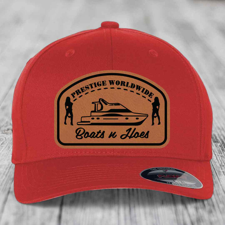 Prestige Worldwide, Boats and Hoes - Leather Patch Hat - Rawhide to Black Patch - Flexfit 6277 Fitted Hat