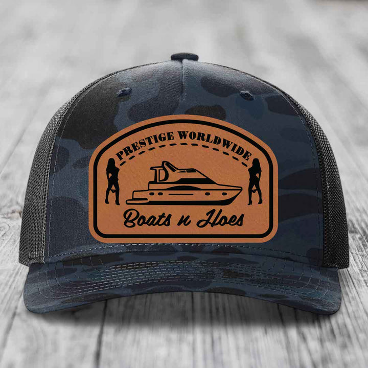 Prestige Worldwide, Boats and Hoes - Leather Patch Hat - Rawhide to Black Patch - Richardson 112PFP Snapback Trucker Hat