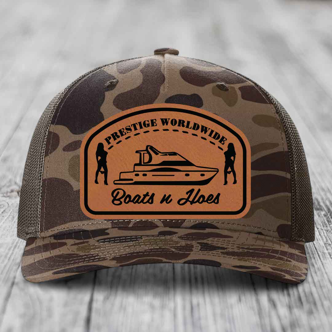 Prestige Worldwide, Boats and Hoes - Leather Patch Hat - Rawhide to Black Patch - Richardson 112PFP Snapback Trucker Hat