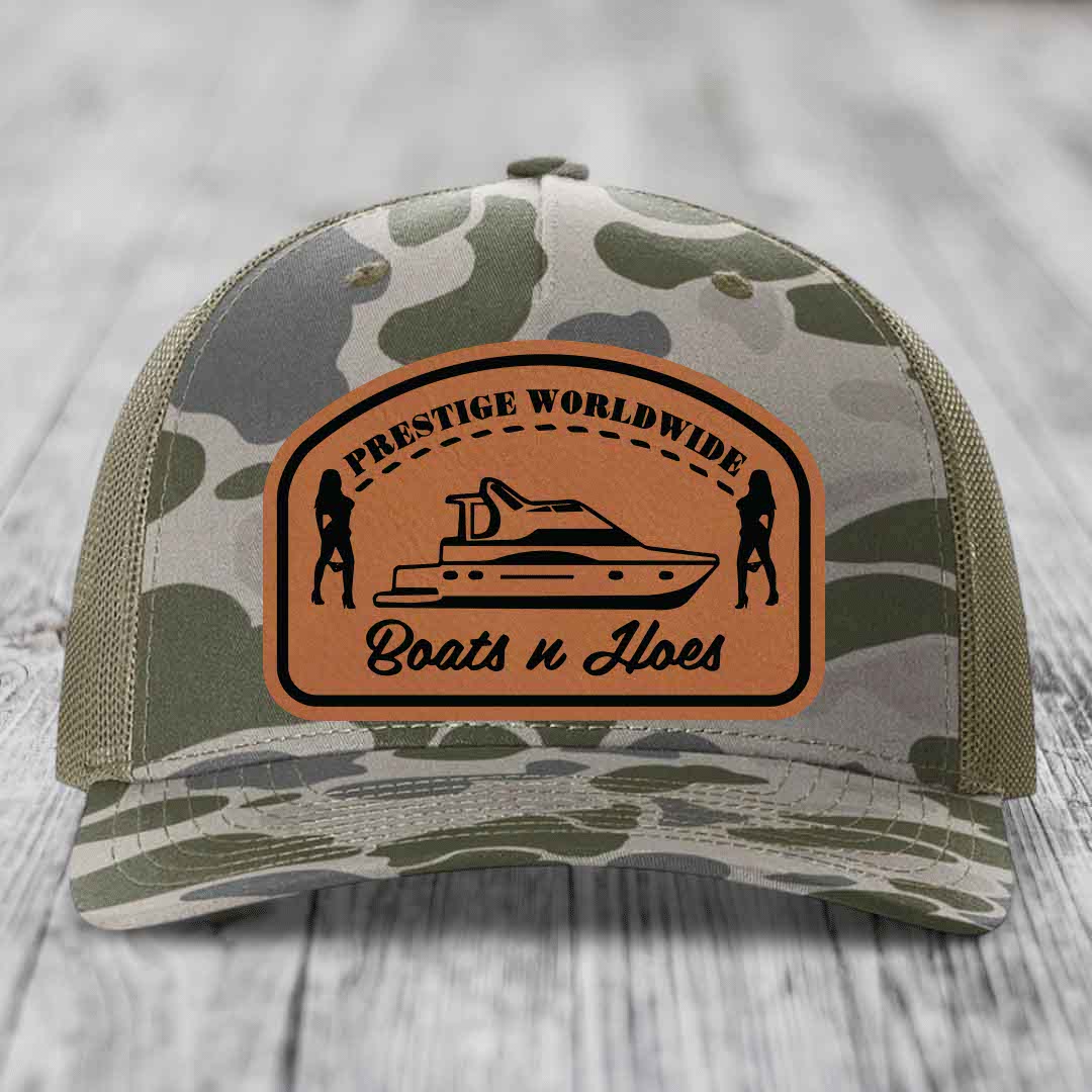 Prestige Worldwide, Boats and Hoes - Leather Patch Hat - Rawhide to Black Patch - Richardson 112PFP Snapback Trucker Hat