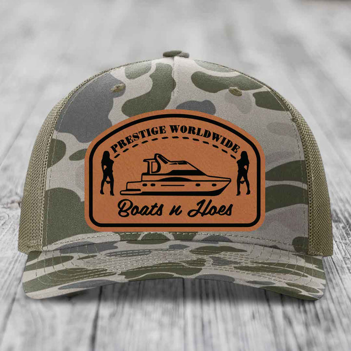 Prestige Worldwide, Boats and Hoes - Leather Patch Hat - Rawhide to Black Patch - Richardson 112PFP Snapback Trucker Hat