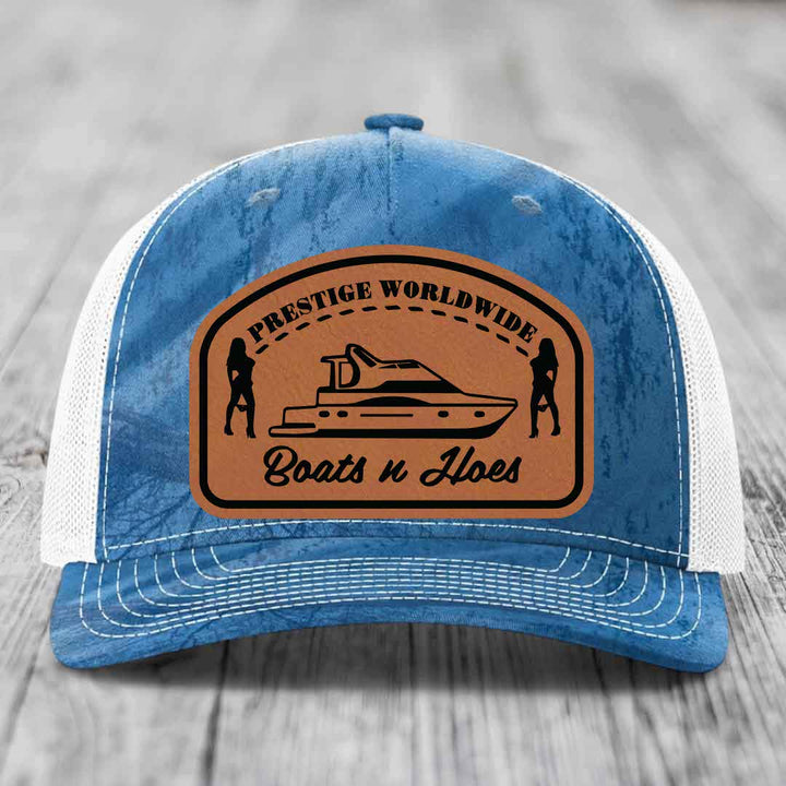 Prestige Worldwide, Boats and Hoes - Leather Patch Hat - Rawhide to Black Patch - Richardson 112PFP Snapback Trucker Hat