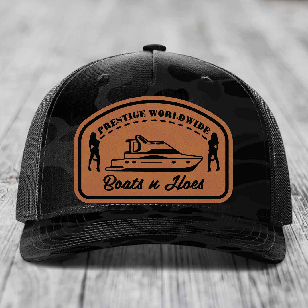 Prestige Worldwide, Boats and Hoes - Leather Patch Hat - Rawhide to Black Patch - Richardson 112PFP Snapback Trucker Hat