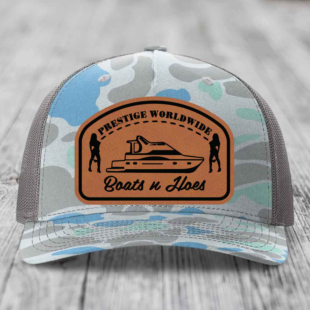 Prestige Worldwide, Boats and Hoes - Leather Patch Hat - Rawhide to Black Patch - Richardson 112PFP Snapback Trucker Hat