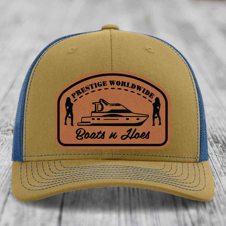 Prestige Worldwide, Boats and Hoes - Leather Patch Hat - Rawhide to Black Patch - Richardson 112 Snapback Trucker Hat