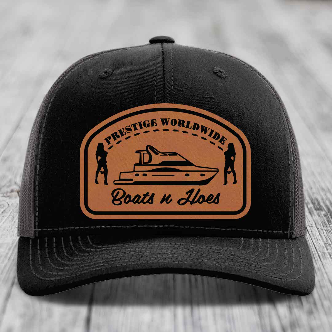 Prestige Worldwide, Boats and Hoes - Leather Patch Hat - Rawhide to Black Patch - Richardson 112 Snapback Trucker Hat