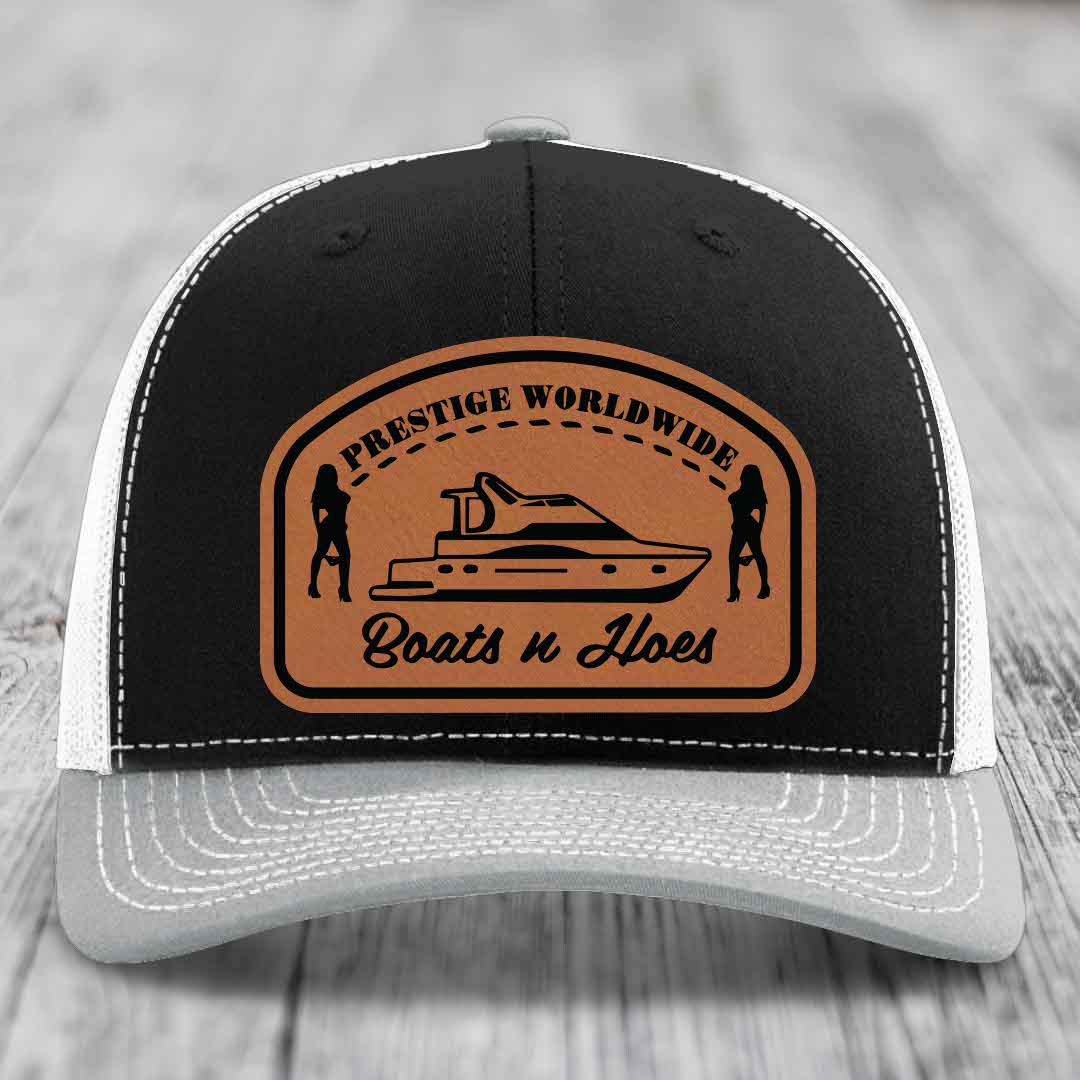 Prestige Worldwide, Boats and Hoes - Leather Patch Hat - Rawhide to Black Patch - Richardson 112 Snapback Trucker Hat