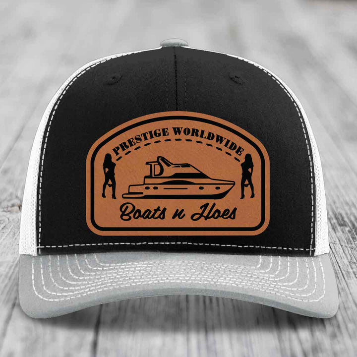 Prestige Worldwide, Boats and Hoes - Leather Patch Hat - Rawhide to Black Patch - Richardson 112 Snapback Trucker Hat