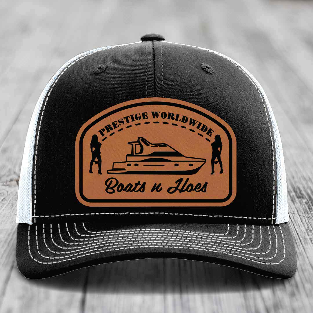 Prestige Worldwide, Boats and Hoes - Leather Patch Hat - Rawhide to Black Patch - Richardson 112 Snapback Trucker Hat