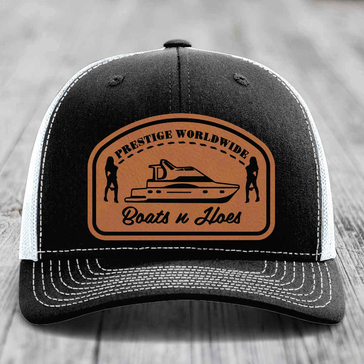 Prestige Worldwide, Boats and Hoes - Leather Patch Hat - Rawhide to Black Patch - Richardson 112 Snapback Trucker Hat