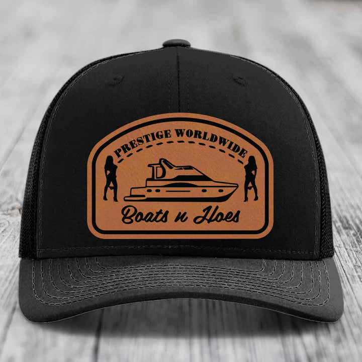 Prestige Worldwide, Boats and Hoes - Leather Patch Hat - Rawhide to Black Patch - Richardson 112 Snapback Trucker Hat