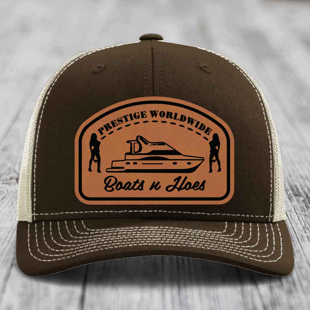 Prestige Worldwide, Boats and Hoes - Leather Patch Hat - Rawhide to Black Patch - Richardson 112 Snapback Trucker Hat