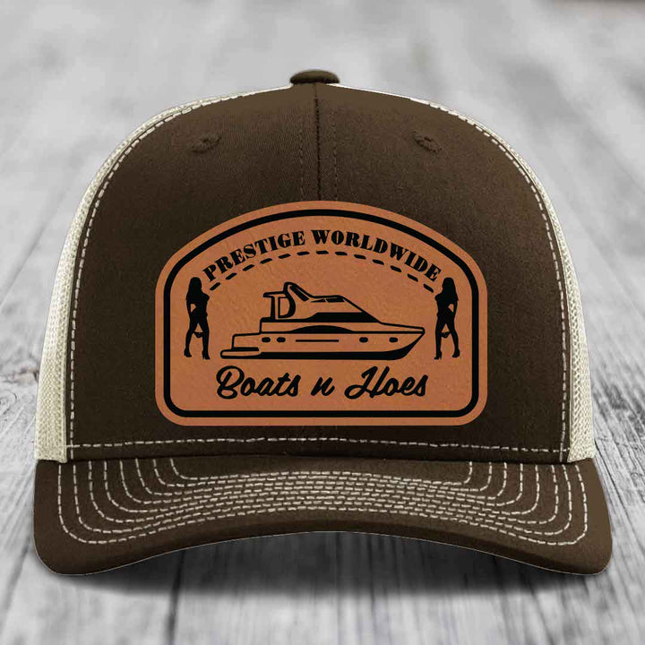 Prestige Worldwide, Boats and Hoes - Leather Patch Hat - Rawhide to Black Patch - Richardson 112 Snapback Trucker Hat
