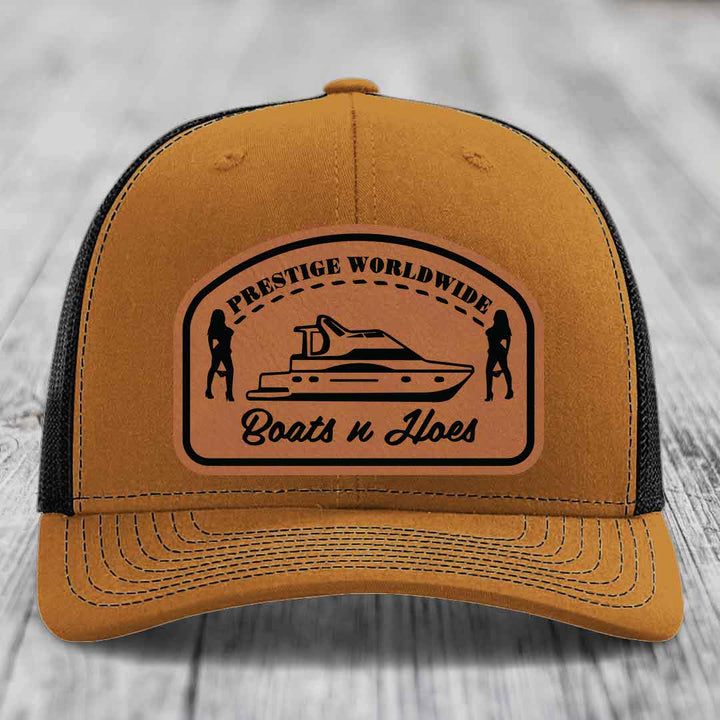 Prestige Worldwide, Boats and Hoes - Leather Patch Hat - Rawhide to Black Patch - Richardson 112 Snapback Trucker Hat