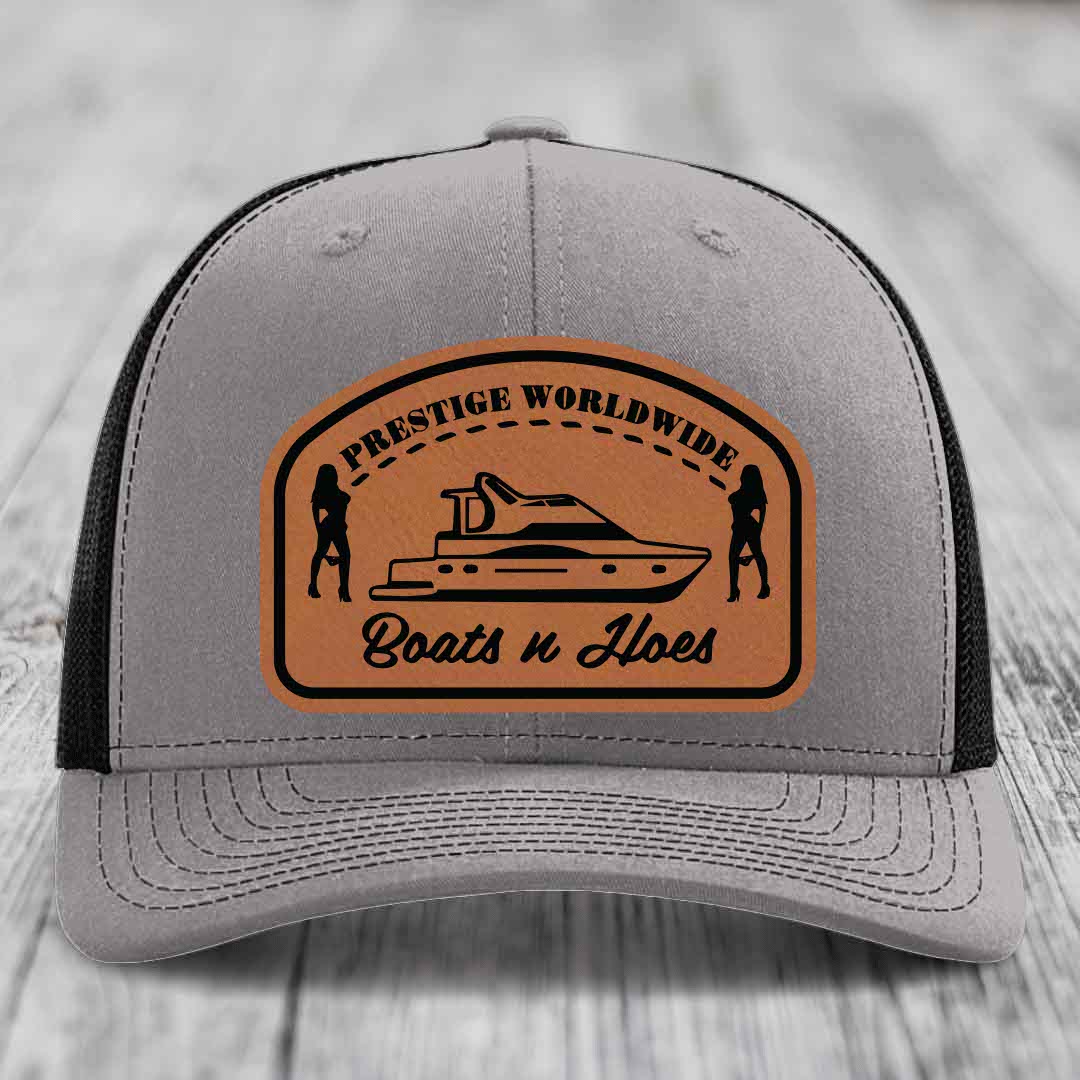 Prestige Worldwide, Boats and Hoes - Leather Patch Hat - Rawhide to Black Patch - Richardson 112 Snapback Trucker Hat