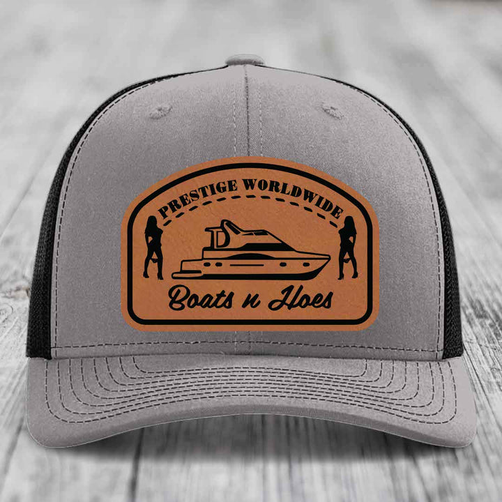 Prestige Worldwide, Boats and Hoes - Leather Patch Hat - Rawhide to Black Patch - Richardson 112 Snapback Trucker Hat