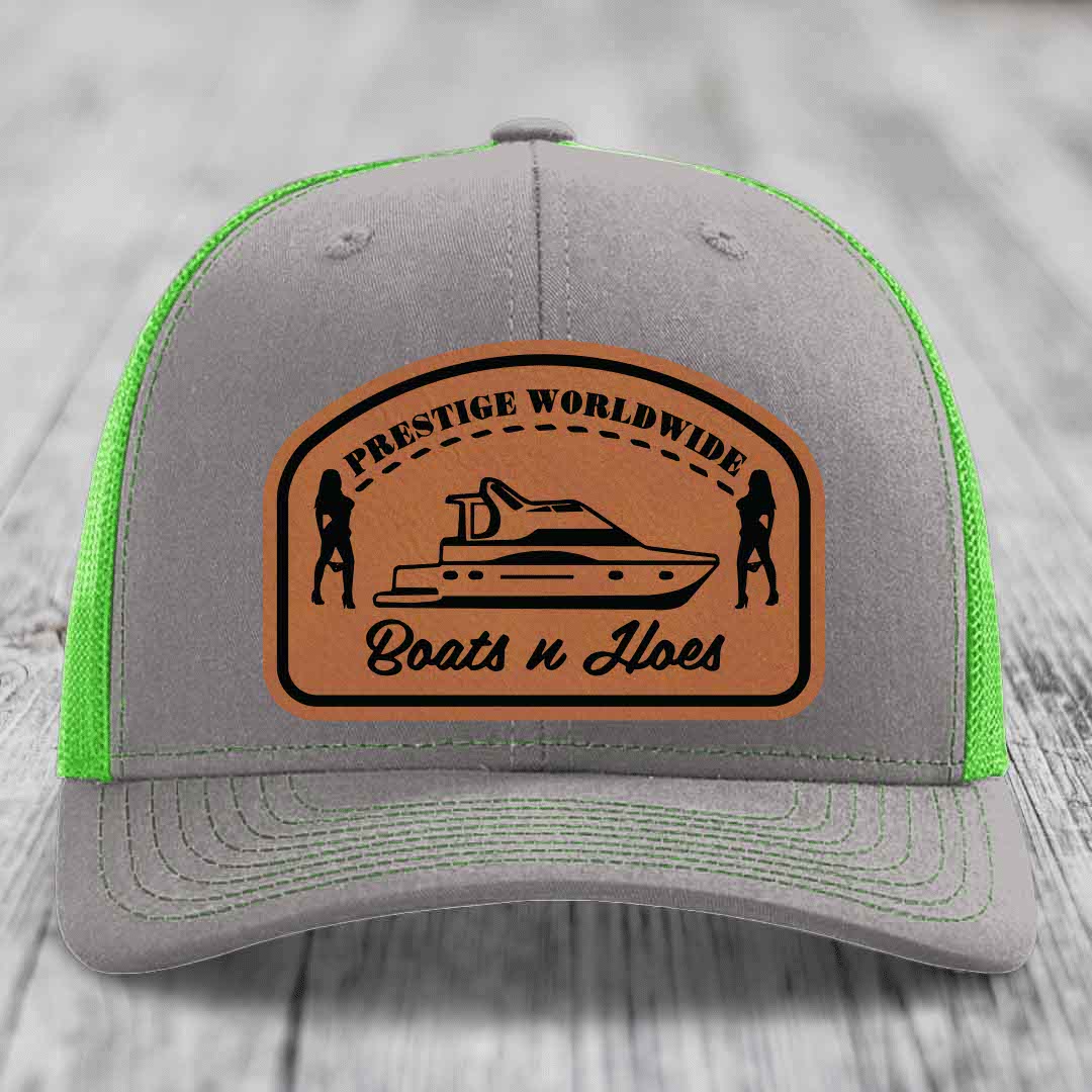 Prestige Worldwide, Boats and Hoes - Leather Patch Hat - Rawhide to Black Patch - Richardson 112 Snapback Trucker Hat