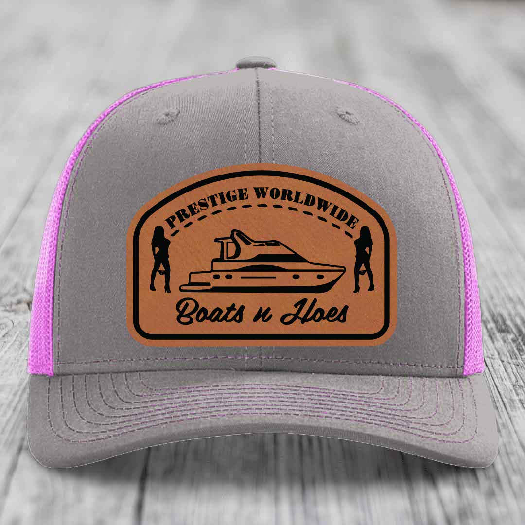 Prestige Worldwide, Boats and Hoes - Leather Patch Hat - Rawhide to Black Patch - Richardson 112 Snapback Trucker Hat