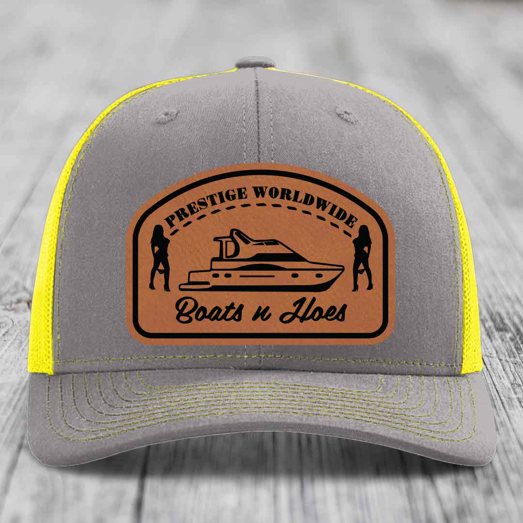 Prestige Worldwide, Boats and Hoes - Leather Patch Hat - Rawhide to Black Patch - Richardson 112 Snapback Trucker Hat