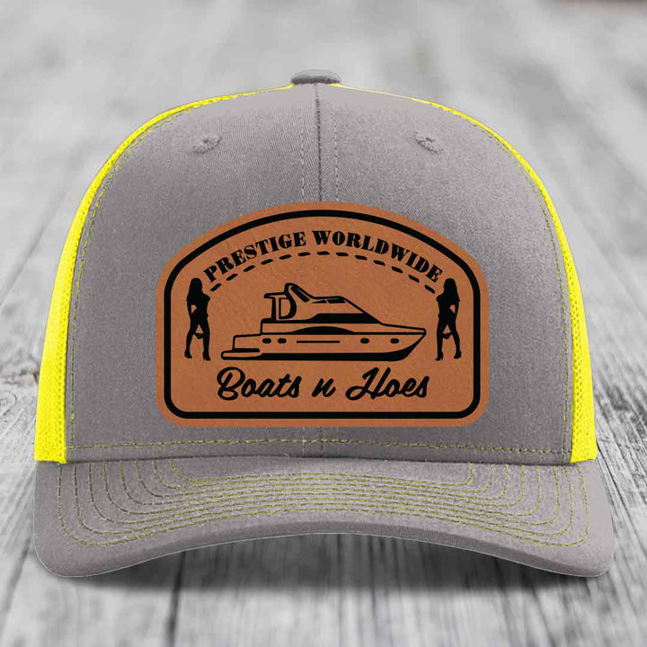 Prestige Worldwide, Boats and Hoes - Leather Patch Hat - Rawhide to Black Patch - Richardson 112 Snapback Trucker Hat