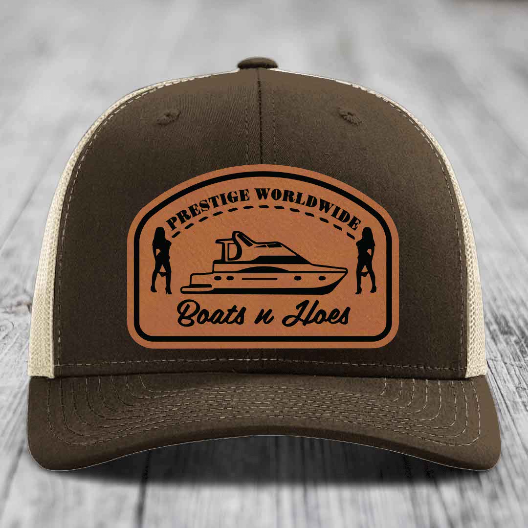 Prestige Worldwide, Boats and Hoes - Leather Patch Hat - Rawhide to Black Patch - Richardson 112 Snapback Trucker Hat