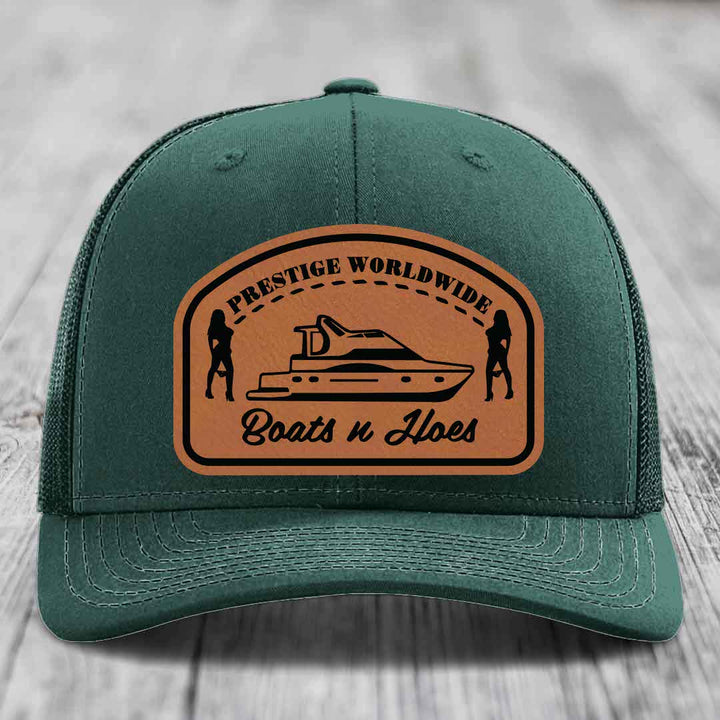 Prestige Worldwide, Boats and Hoes - Leather Patch Hat - Rawhide to Black Patch - Richardson 112 Snapback Trucker Hat