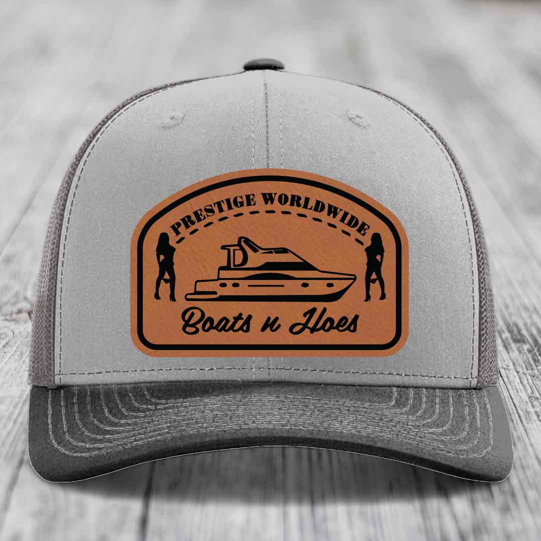Prestige Worldwide, Boats and Hoes - Leather Patch Hat - Rawhide to Black Patch - Richardson 112 Snapback Trucker Hat