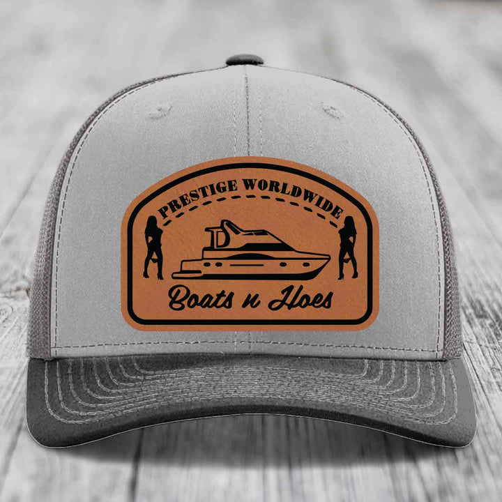 Prestige Worldwide, Boats and Hoes - Leather Patch Hat - Rawhide to Black Patch - Richardson 112 Snapback Trucker Hat