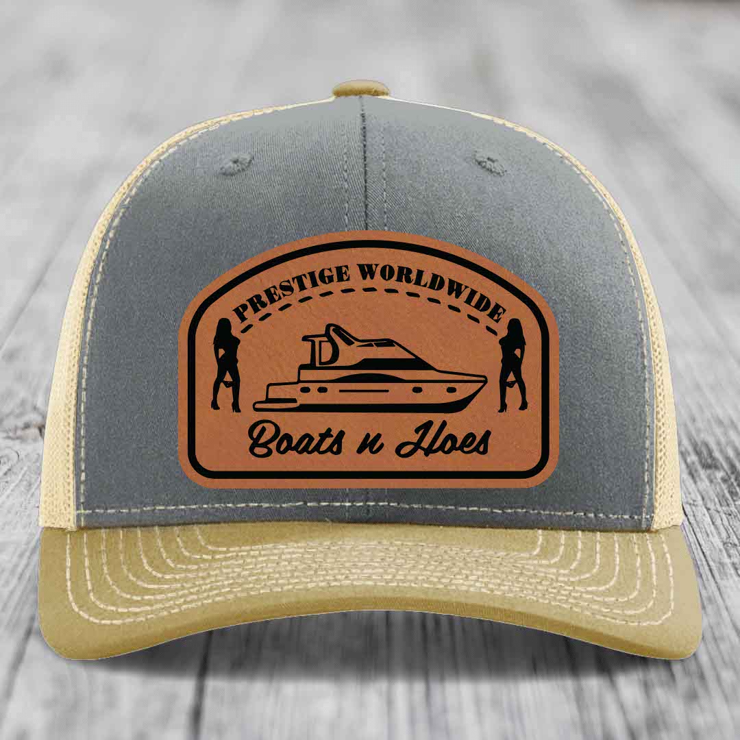 Prestige Worldwide, Boats and Hoes - Leather Patch Hat - Rawhide to Black Patch - Richardson 112 Snapback Trucker Hat