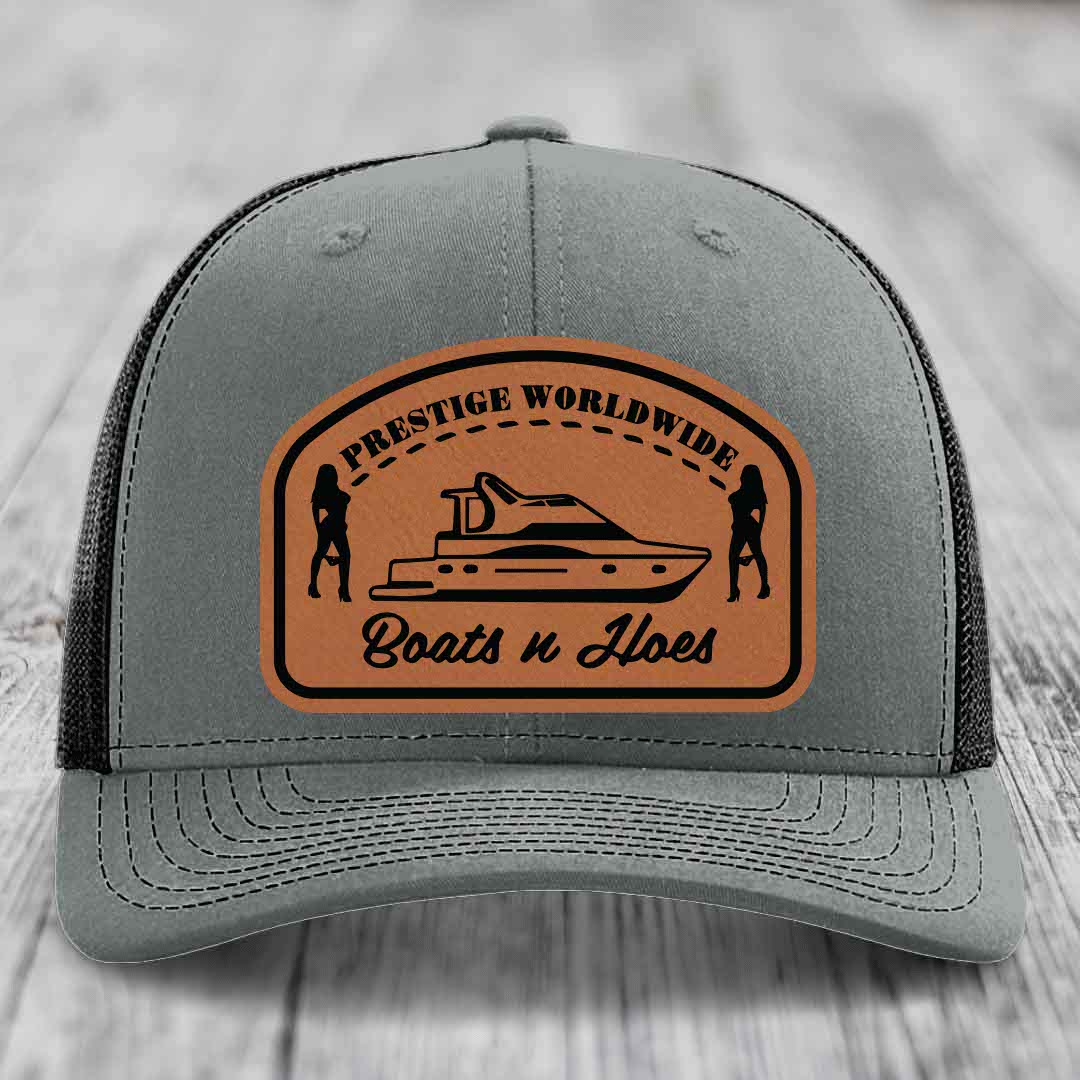 Prestige Worldwide, Boats and Hoes - Leather Patch Hat - Rawhide to Black Patch - Richardson 112 Snapback Trucker Hat