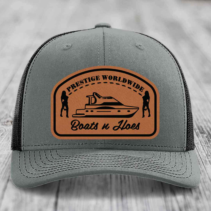 Prestige Worldwide, Boats and Hoes - Leather Patch Hat - Rawhide to Black Patch - Richardson 112 Snapback Trucker Hat
