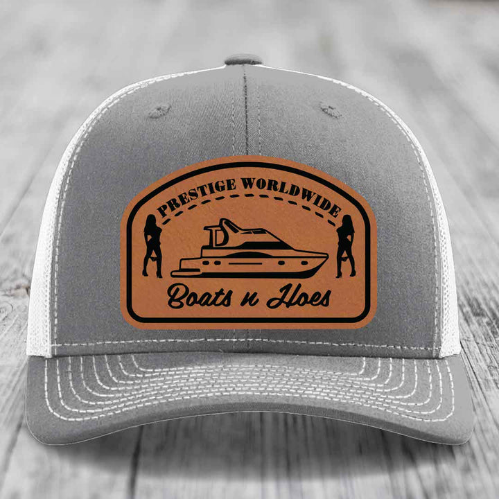 Prestige Worldwide, Boats and Hoes - Leather Patch Hat - Rawhide to Black Patch - Richardson 112 Snapback Trucker Hat