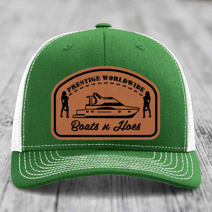 Prestige Worldwide, Boats and Hoes - Leather Patch Hat - Rawhide to Black Patch - Richardson 112 Snapback Trucker Hat
