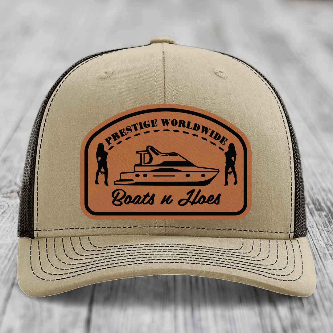 Prestige Worldwide, Boats and Hoes - Leather Patch Hat - Rawhide to Black Patch - Richardson 112 Snapback Trucker Hat