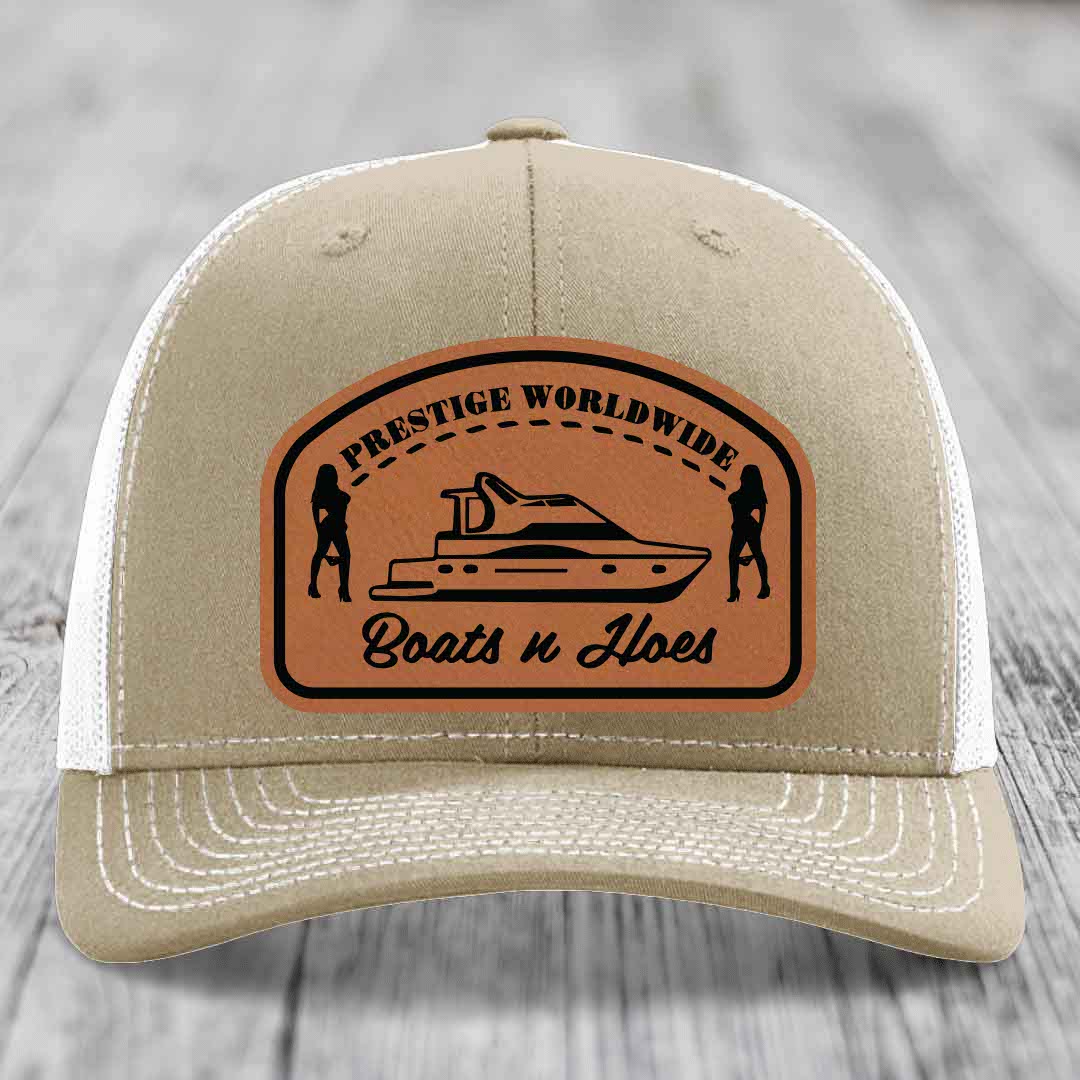Prestige Worldwide, Boats and Hoes - Leather Patch Hat - Rawhide to Black Patch - Richardson 112 Snapback Trucker Hat