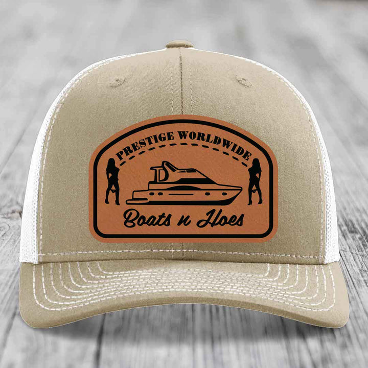 Prestige Worldwide, Boats and Hoes - Leather Patch Hat - Rawhide to Black Patch - Richardson 112 Snapback Trucker Hat